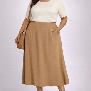 Terry Lewis 3X Camel Knit A-Line Midi Skirt 22” Waist 36” Length Classic Luxe